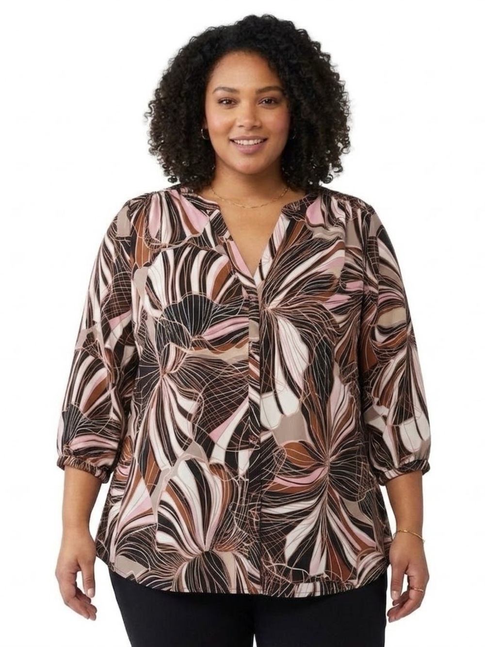 NYDJ Floral Abstract Split V-neck Long Sleeve Tunic Top NWT